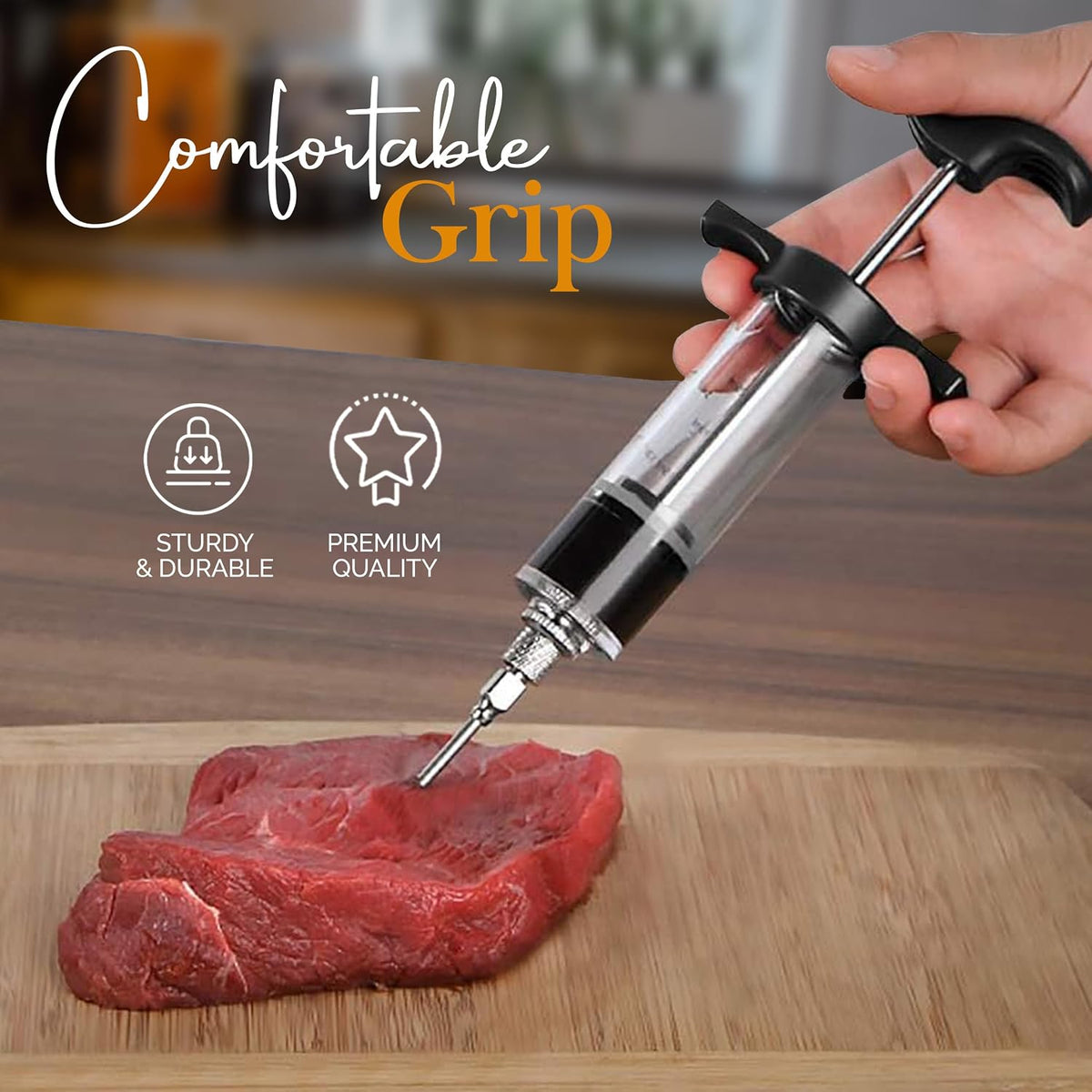 Alpine Cuisine BBQ Injector 6.3-Inch - Perfectly Marinate Your Meat with the Stainless Steel Injector Meat - Inject Sauces, Brines, & Marinades for a Juicy and Flavorful BBQ - Durable & Easy to Use