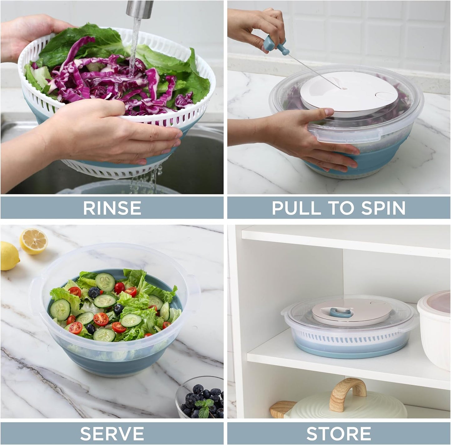 COOK WITH COLOR Collapsible Salad Spinner - 4 QT Space Saving Lettuce Dryer with Folding Collapsible Colander Great for Washing and Drying Fruit and Vegetables (Grey)