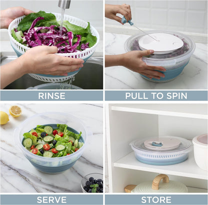 COOK WITH COLOR Collapsible Salad Spinner - 4 QT Space Saving Lettuce Dryer with Folding Collapsible Colander Great for Washing and Drying Fruit and Vegetables (Grey)
