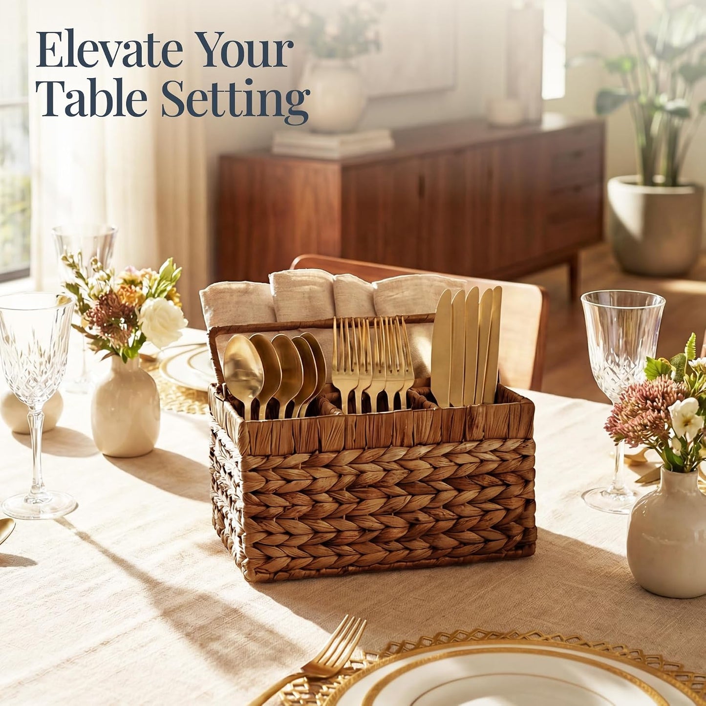 Best Choice Products Handwoven Silverware Organizer w/Handle, 5 Compartment Flatware Organizer, Shelf Storage Basket, Wicker Utensil Caddy, Cutlery Basket Holder for Party, Picnic, BBQ - Chestnut