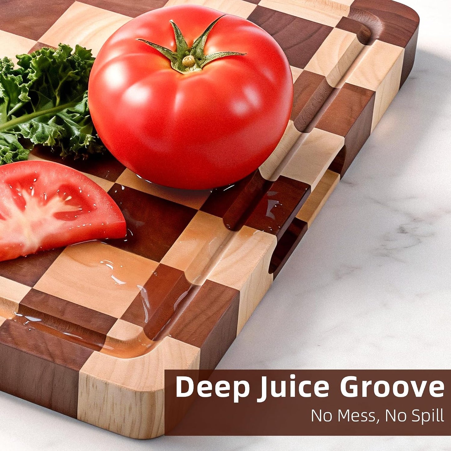 Cutting Board Set of 2 – Checkered Wood & Acrylic Cutting Board with Counter Lip for Kitchen Counter, Wood Checkerboard Chopping Board with Juice Grooves for Vegetables, Fruits, Meat