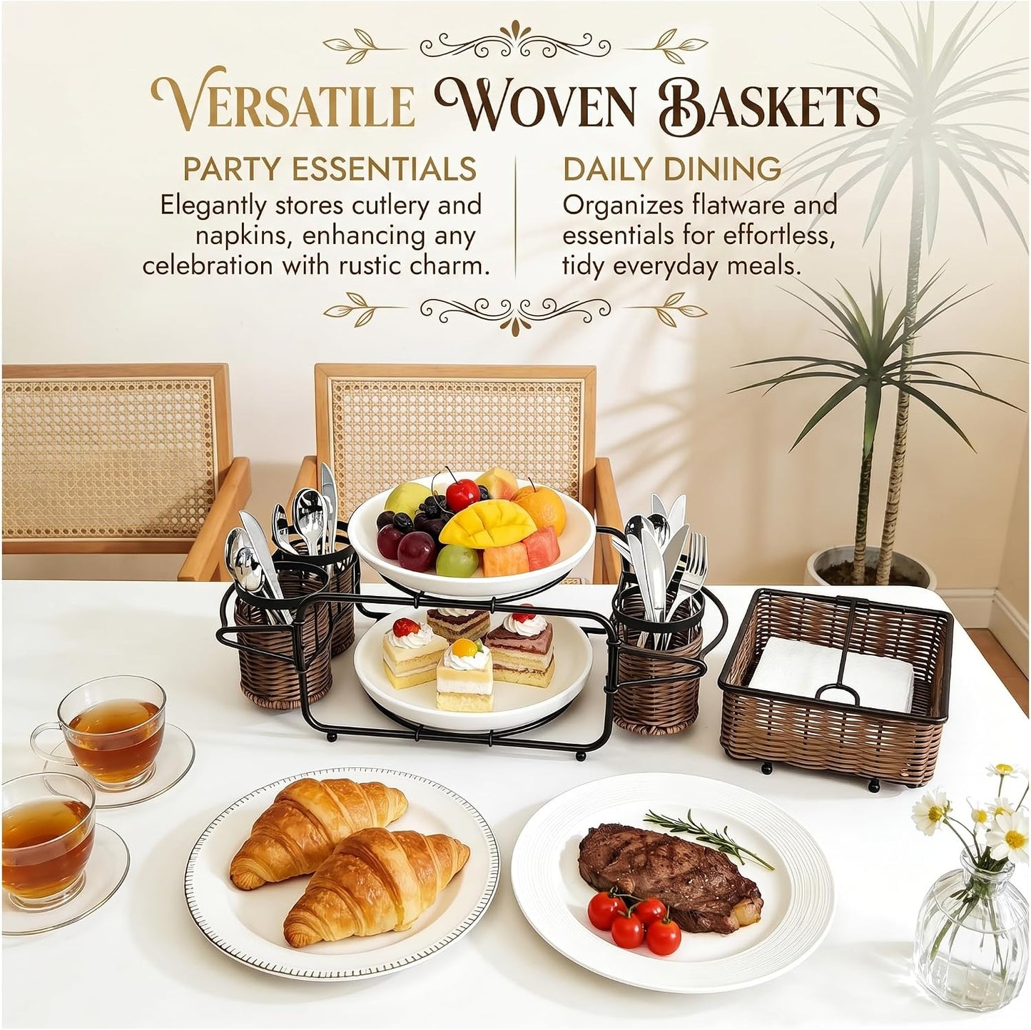 Woven Utensil Caddy with Napkin Holder, Countertop Organizer for Cutlery, Condiments, Picnic & Party SuppliesUtensils, Napkins - Ideal for Kitchen, Dining, Entertaining, Parties, Picnics