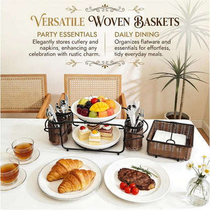 Woven Utensil Caddy with Napkin Holder, Countertop Organizer for Cutlery, Condiments, Picnic & Party SuppliesUtensils, Napkins - Ideal for Kitchen, Dining, Entertaining, Parties, Picnics
