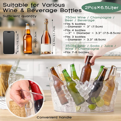 2 Pack 6.5l Ice Bucket for Party, Clear Plastic Champagne Cooler with Ice Scoop & Metal Bottle Opener, Large Portable Drink Beverage Tub for Beer & Mimosa Bar Supplies