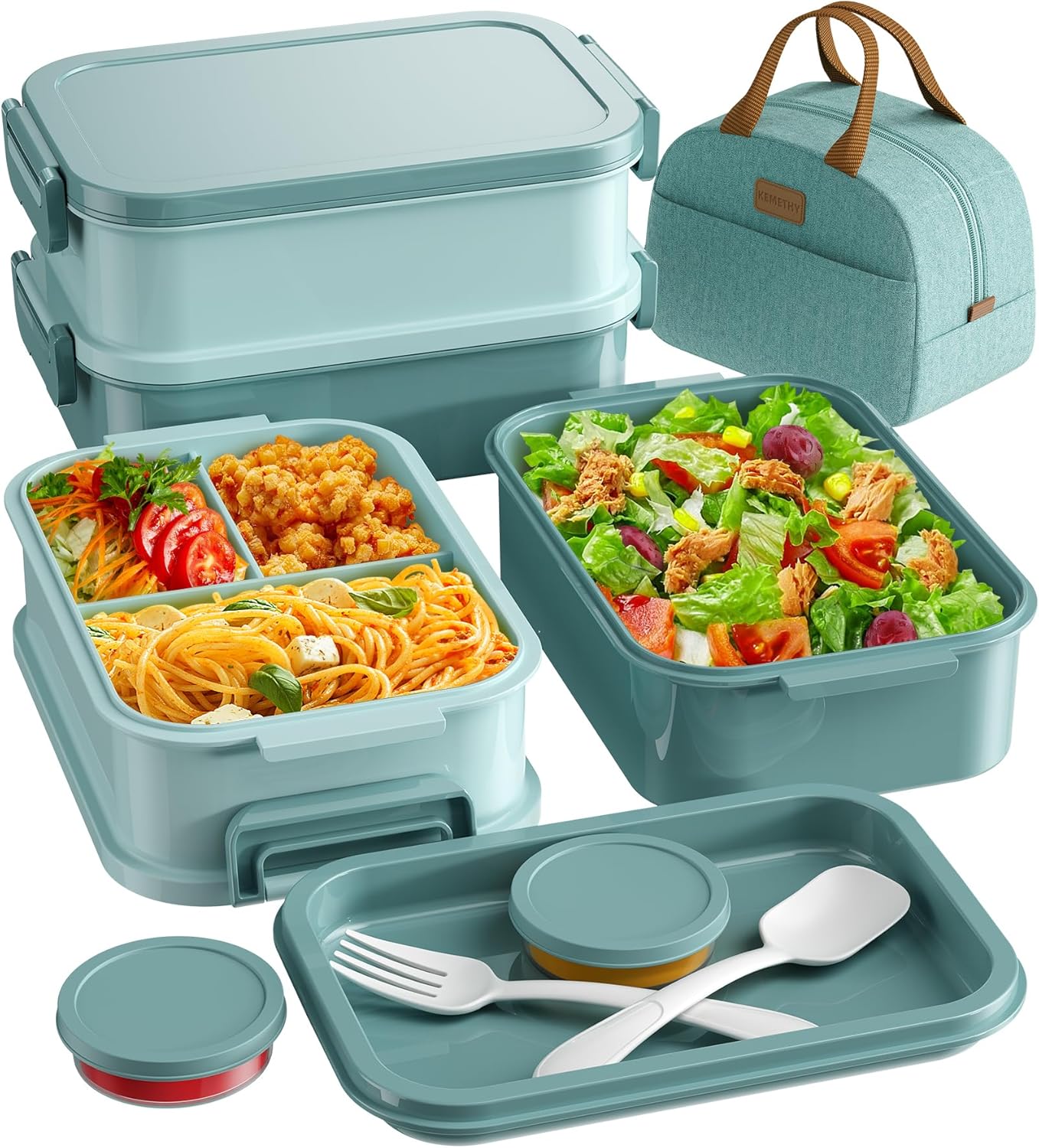 KEMETHY Adults Bento Lunch Box Set with Thermo Bag, 74oz Stackable Leak-proof 3-tiers Bento Box, Built-in Utensil and Sauce Container for Work, School, Dining Out (Gray)