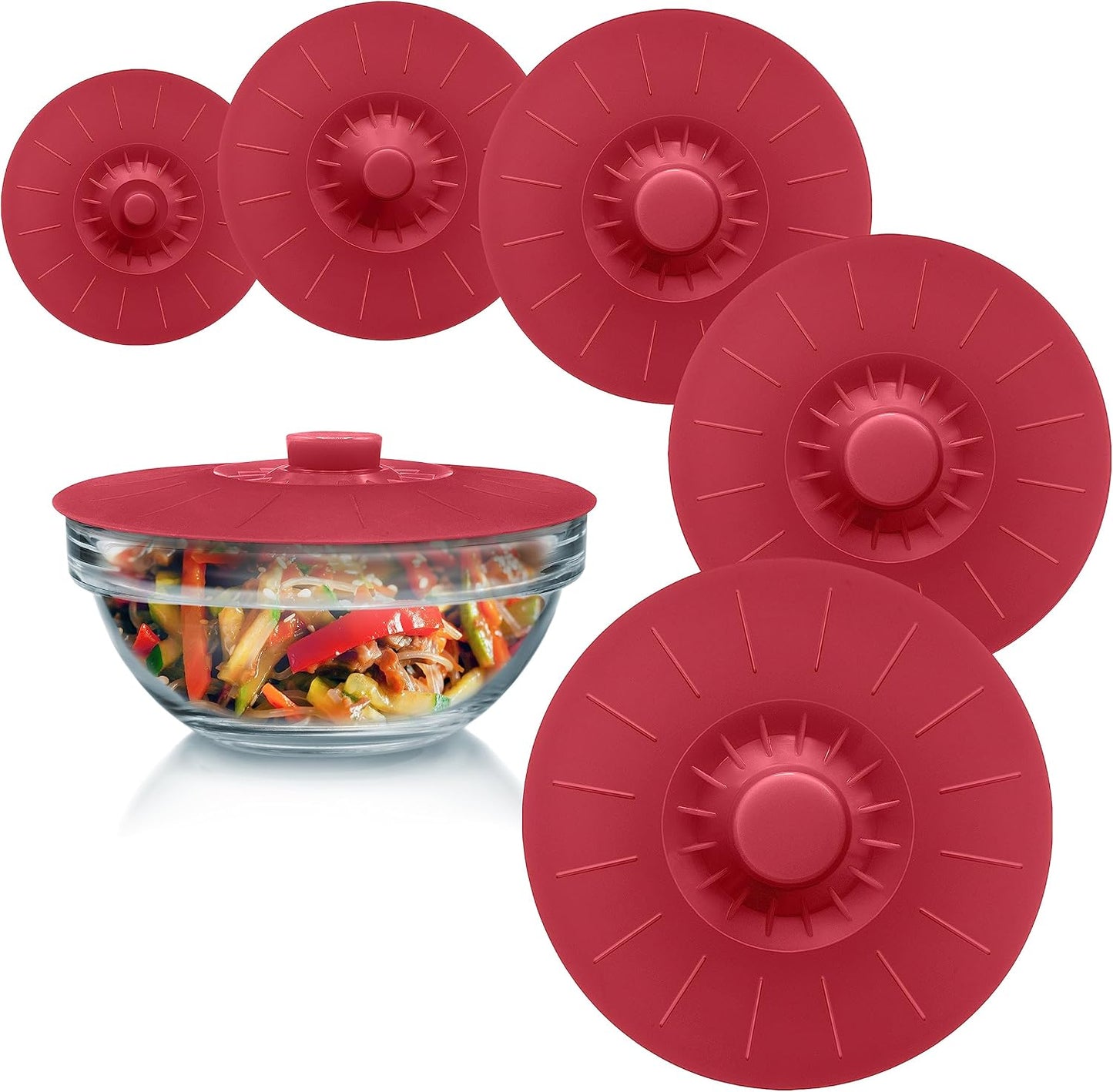 Silicone Bowl Lids Blue Set of 5 Reusable Suction Seal Covers for Bowls, Pots, Cups. Food Safe. Natural grip, interlocking handles for easy use and storage.