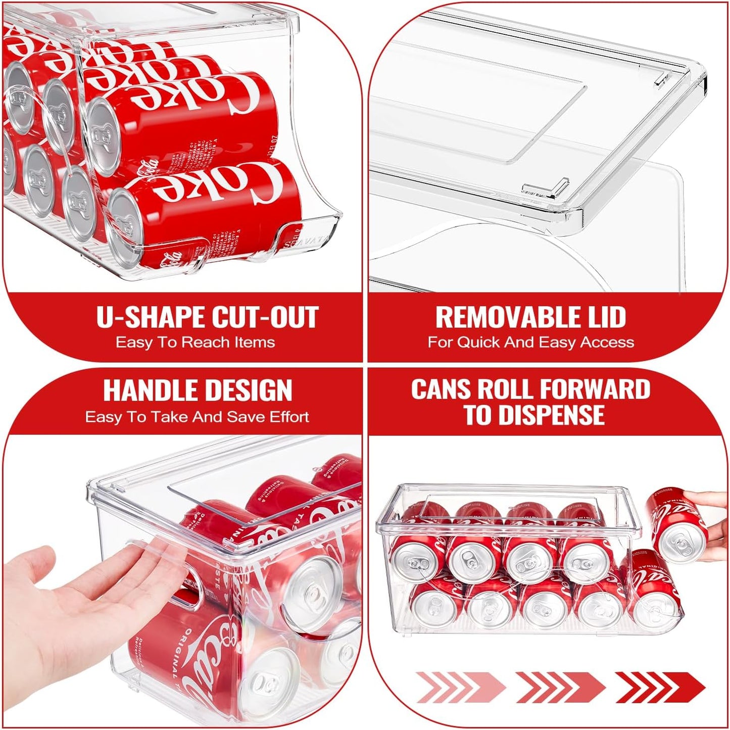 SCAVATA 2 Pack Stackable Refrigerator Organizer, Soda Can Dispenser Pop Cans Container Beverage Holder with Lid for Fridge, Freezer, Kitchen, Clear Plastic Storage Bins-Holds 10 Cans Each