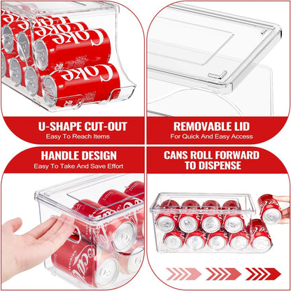 SCAVATA 2 Pack Stackable Refrigerator Organizer, Soda Can Dispenser Pop Cans Container Beverage Holder with Lid for Fridge, Freezer, Kitchen, Clear Plastic Storage Bins-Holds 10 Cans Each