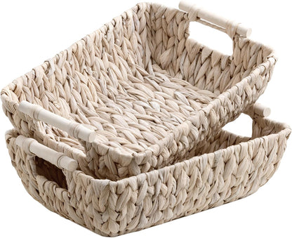 StorageWorks Hand-Woven Storage Baskets with Wooden Handles, Water Hyacinth Wicker Baskets for Organizing, 2 Pack