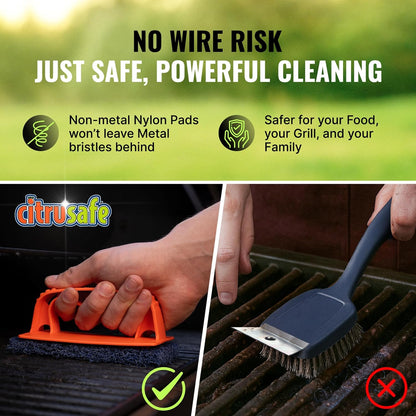 Citrusafe BBQ Grill Cleaner Spray & Grill Scrubber with 9 Heavy Duty Replaceable Pads