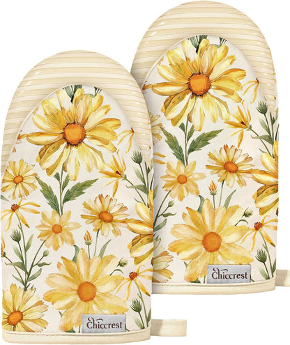 100% Thick Cotton Mini Oven Mitts Silicone Grip Lemon & Birds