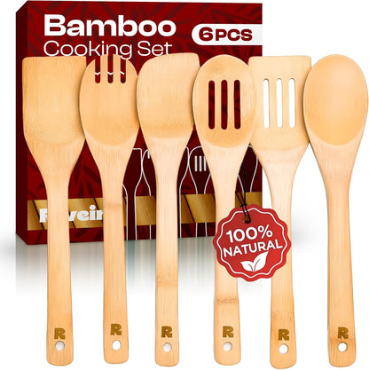 Riveira Dark Bamboo Wooden Spoons for Cooking 6-Piece, Apartment Essentials Wood Spatula Spoon Nonstick Kitchen Utensil Set Premium Quality Housewarming Gifts for Everyday Use
