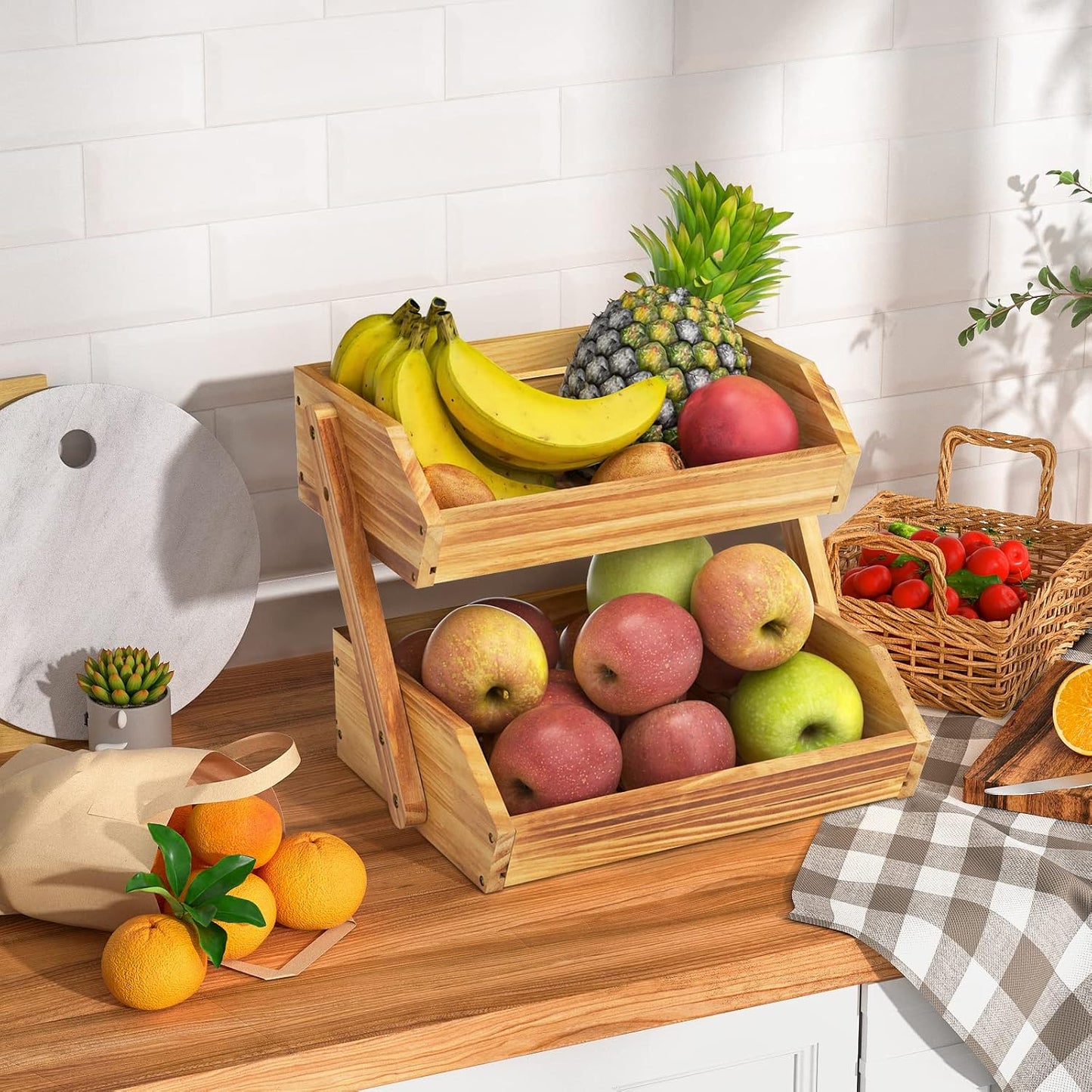 G.a HOMEFAVOR Large Bamboo Fruit Basket, 2-Tier Fruit Bowl for Kitchen Counter, Vegetable Storage Stand for Fruit Shop, 15 mm Thickness (Self-assembly)