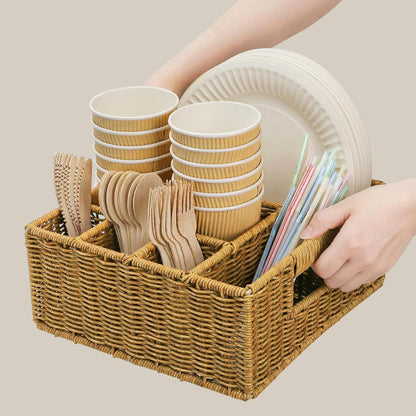 Wicker Utensil Caddy Basket with 6 Compartment, Hand-Woven | Cutlery Silverware Holder with Handle, Picnic Basket, Paper Plate Organizer for Party Camping Buffet