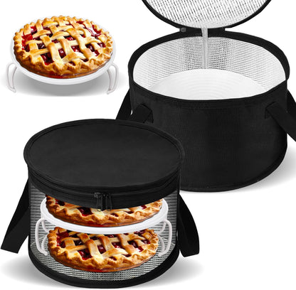 Yaomiao 2 Set Round Pie Carrier 11 x 7 Inch with Dish Tray Plate Stacker Insulated Casserole Carrier with Lid and Handle Reusable Cooler Thermal Bag for Cold Food for Potluck Picnic (Black and Purple)