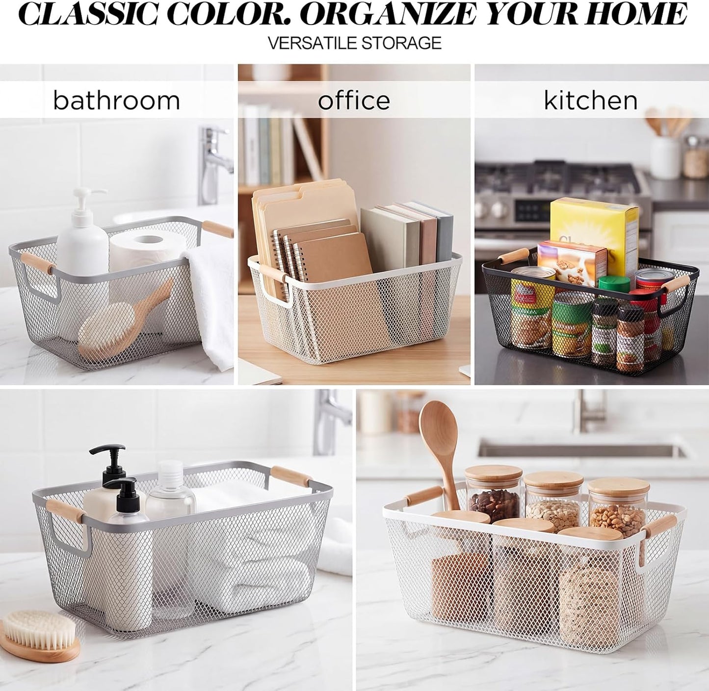 Sawysine 6 Pack Wire Mesh Baskets for Organizing with Wooden Handles 12.2 x 8.27 x 5.51 Inch Metal Mesh Storage Bins Black White Gray Fruit Vegetable Containers for Pantry Kitchen Office