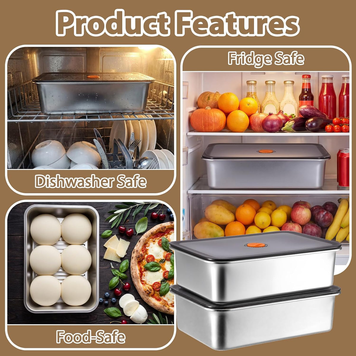 Pizza Dough Proofing Box with Lid, Stainless Steel Food Storage Box Container with Leak Proof & Airtight Lid, 11.8 x 8.2Inch Large Capacity Household Rectangle Pizza Dough Container