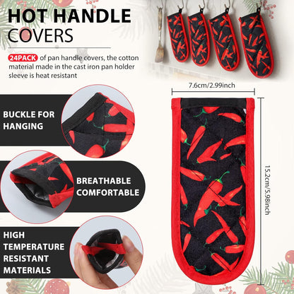 Dandat 24 Set Hot Handle Covers for Daily Replace Use Gift Pan Handle Sleeve Cover Heat Resistant Cast Iron Holder Sleeve Washable Handgrip Mitts for Christmas Kitchen BBQ Baking Cookware (Chili)