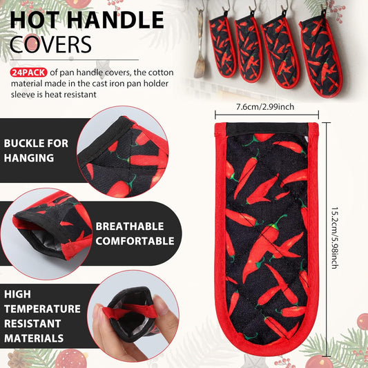 Dandat 24 Set Hot Handle Covers for Daily Replace Use Gift Pan Handle Sleeve Cover Heat Resistant Cast Iron Holder Sleeve Washable Handgrip Mitts for Christmas Kitchen BBQ Baking Cookware (Chili)