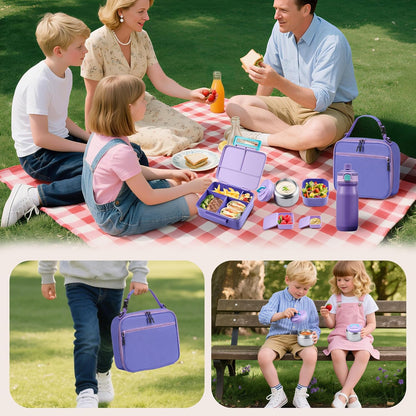 Bento Lunch Box for Kids with Thermo, Leakproof Bento Box with 8oz Insulated Food Jar, Insulated Bottle, Lunch Bag, BPA Free Dishwasher Safe 4 Compartment Container for School Girls Boys (Pink)