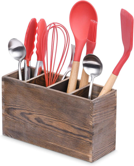 WuGeShop Wood Cutlery Caddy, Kitchen Utensil Organizer with 4 Compartments, Silverware Storage Kitchen Countertop Flatware Organizer