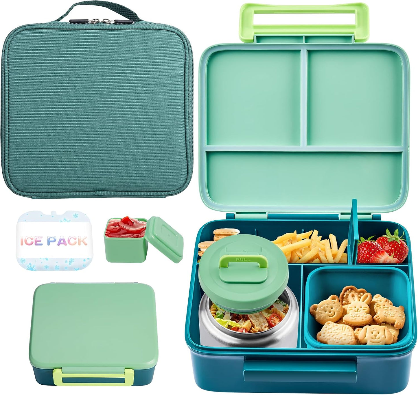 Bento Lunch Box for Kids with Thermo, Leakproof Bento Box with 8oz Insulated Food Jar, Insulated Bottle, Lunch Bag, BPA Free Dishwasher Safe 4 Compartment Container for School Girls Boys (Pink)