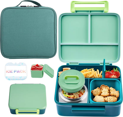 Bento Lunch Box for Kids with Thermo, Leakproof Bento Box with 8oz Insulated Food Jar, Insulated Bottle, Lunch Bag, BPA Free Dishwasher Safe 4 Compartment Container for School Girls Boys (Pink)