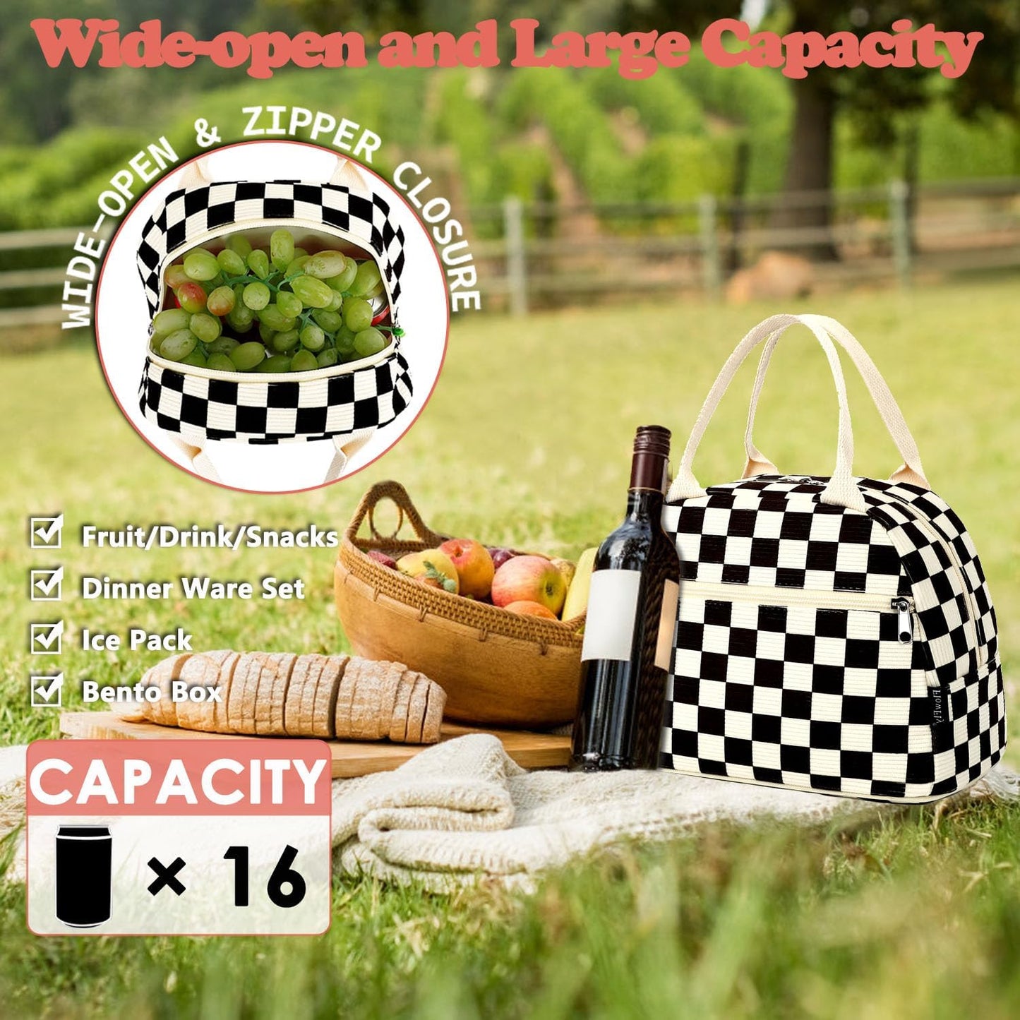 GYEUKHAM Lunch Bag Women, Lunch Box for Adult Men Kids Girls, Small Cute Lunchbox Tote Large Capacity Insulated Lunch Container Cooler for Work School Picnic Travel, Black White Stripes