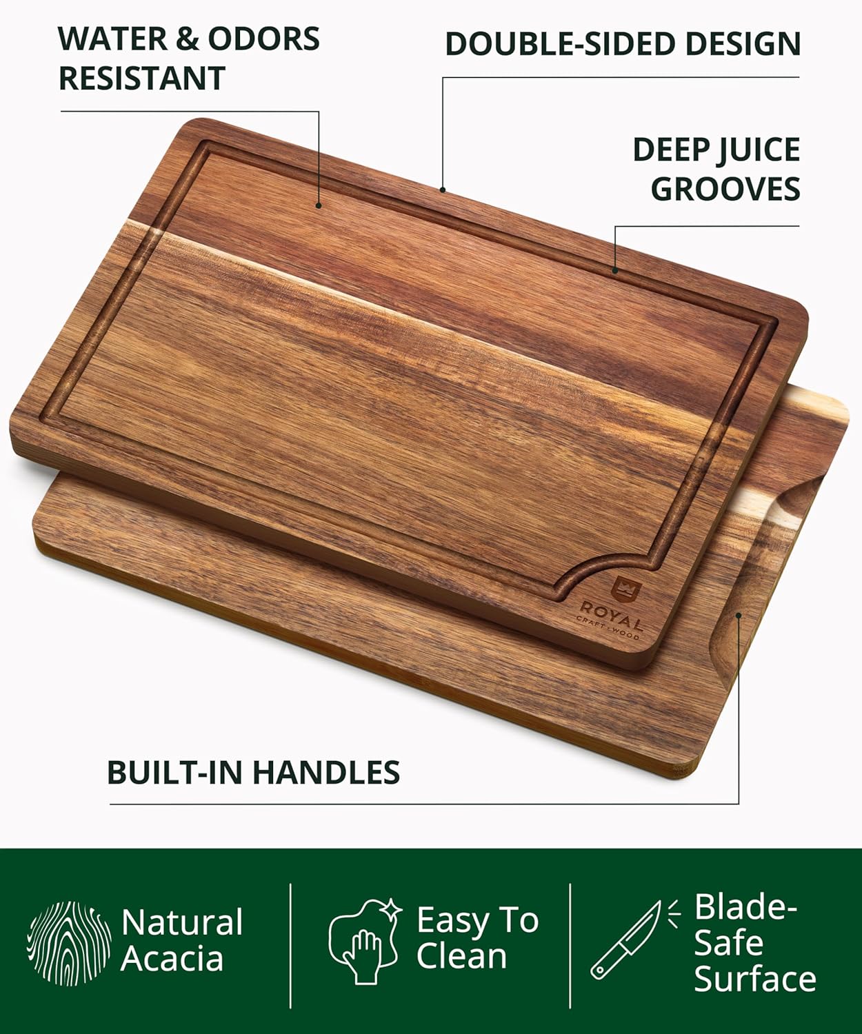ROYAL CRAFT WOOD Wooden Cutting Boards for Kitchen Meal Prep & Serving - Bamboo Wood Serving Board Set with Deep Juice Groove Side Handles - Charcuterie & Chopping Butcher Block for Meat