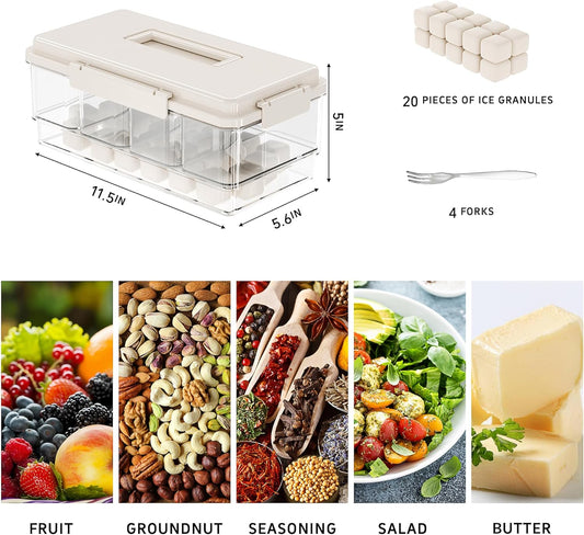 2Pack Chilled Condiment Caddy with 4 Containers 4 Lids Fruit Serving Tray Platter with Handle Portable Snackle Box Organizer Server with Ice Pack for Mimosa Bar Supplies,Salad,Taco,Party Garnish,Beige