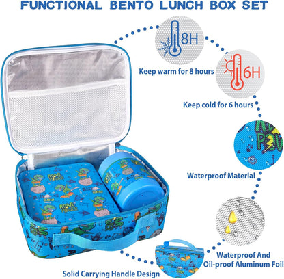 Bento Lunch Box Set for Kids with 10oz Soup Thermo, Leak-Proof Lunch Containers with 4 Compartment, Kids Thermo Hot Food Jar and Insulated Lunch Bag for Kid to School,BPA-Free(Dragon)