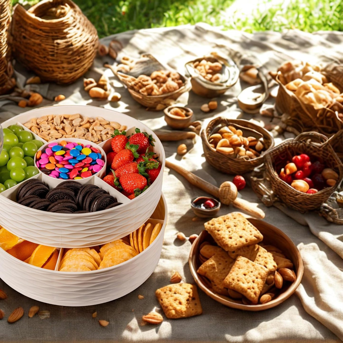 KAVARO Snack Tray with Lid – 2 Trays 1 Lid Large Circular Snackle Organizer - Snack Container – Reusable Divided Snack Spinner Tray with Compartments