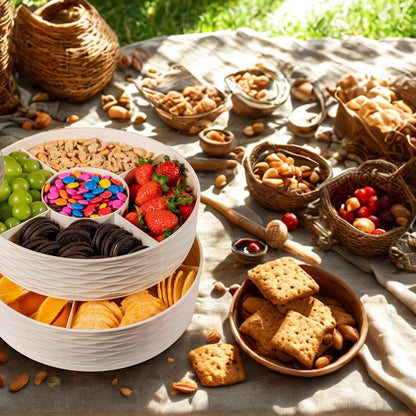 KAVARO Snack Tray with Lid – 2 Trays 1 Lid Large Circular Snackle Organizer - Snack Container – Reusable Divided Snack Spinner Tray with Compartments