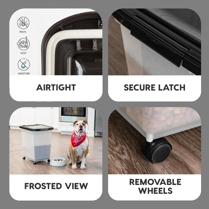 IRIS USA Airtight Dog Food Storage Container, WeatherPro, Up to 25 lbs, Removable Wheels, for Dog Cat Bird and Other Pet Food Storage Bin, Keep Fresh, Translucent Body, Made in USA, Clear/Black