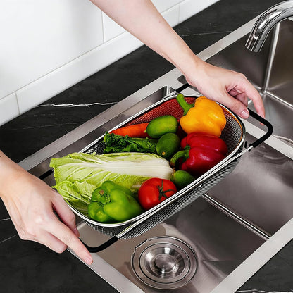 TENTA TENTA KITCHEN Premium Quality Over The Sink Stainless Steel Oval Small Colander with Fine Mesh 2.5 Quart Strainer Basket & Expandable Rubber Grip Handles-Strain,Drain,Rinse Fruits,Vegetables