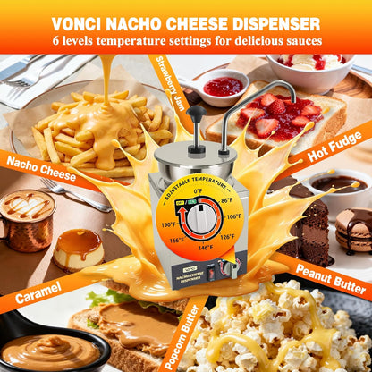 VONCI Nacho Cheese Dispenser, 2.8 Qt（2.5L） Nacho Cheese Warmer with Plastic Pump, Hot Fudge Dispenser with 6-Level Temperature Adjustment, Commercial Cheese Dispenser for Hot Fudge Cheese Caramel