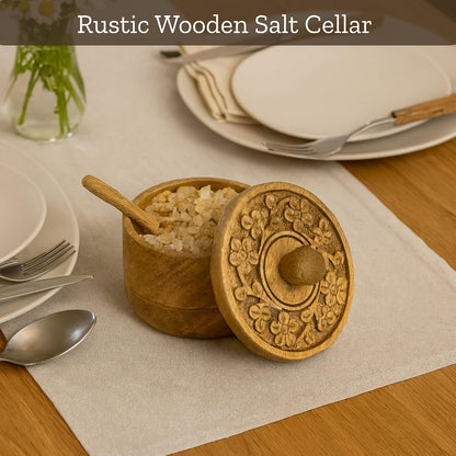 Mie Creations Rustic Salt Box Cellar with Lid & Spoon, Mango Wood Floral