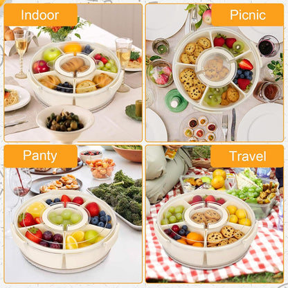 Dayacoco Rotating Divided Serving Tray with Lid and Handle, Snack Tray with Lid for Fruits Snacks Veggie Charcuterie Cheese – Portable for Picnic Travel Party Camping(1PCS, 9" L)