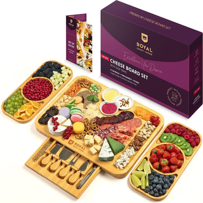 ROYAL CRAFT WOOD Premium Bamboo Charcuterie Board Set - Cheese Platter & Serving Tray & Serving Utensils - Perfect Housewarming Gift, Wedding, Bridal Shower Gift - Ideal for Entertaining and New Home