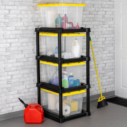 Sterilite 4-Pack 27 Gallon Industrial Storage Tote, Heavy-Duty Plastic Bins, Black/Yellow - Stackable Utility Organizers with Lids for Garage, Camping Tools, and Outdoor Gear