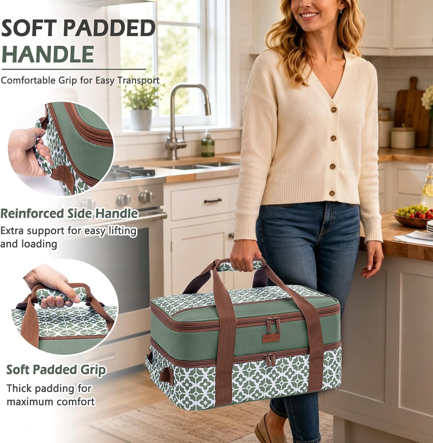 Double Layer Insulated Casserole Carrier, Fits 9" x 13" Baking Dish, Food Transport Carrier with Utensil Pocket for Hot & Cold Dishes, Reusable Potluck Tote for Thanksgiving, Parties&Family Gatherings