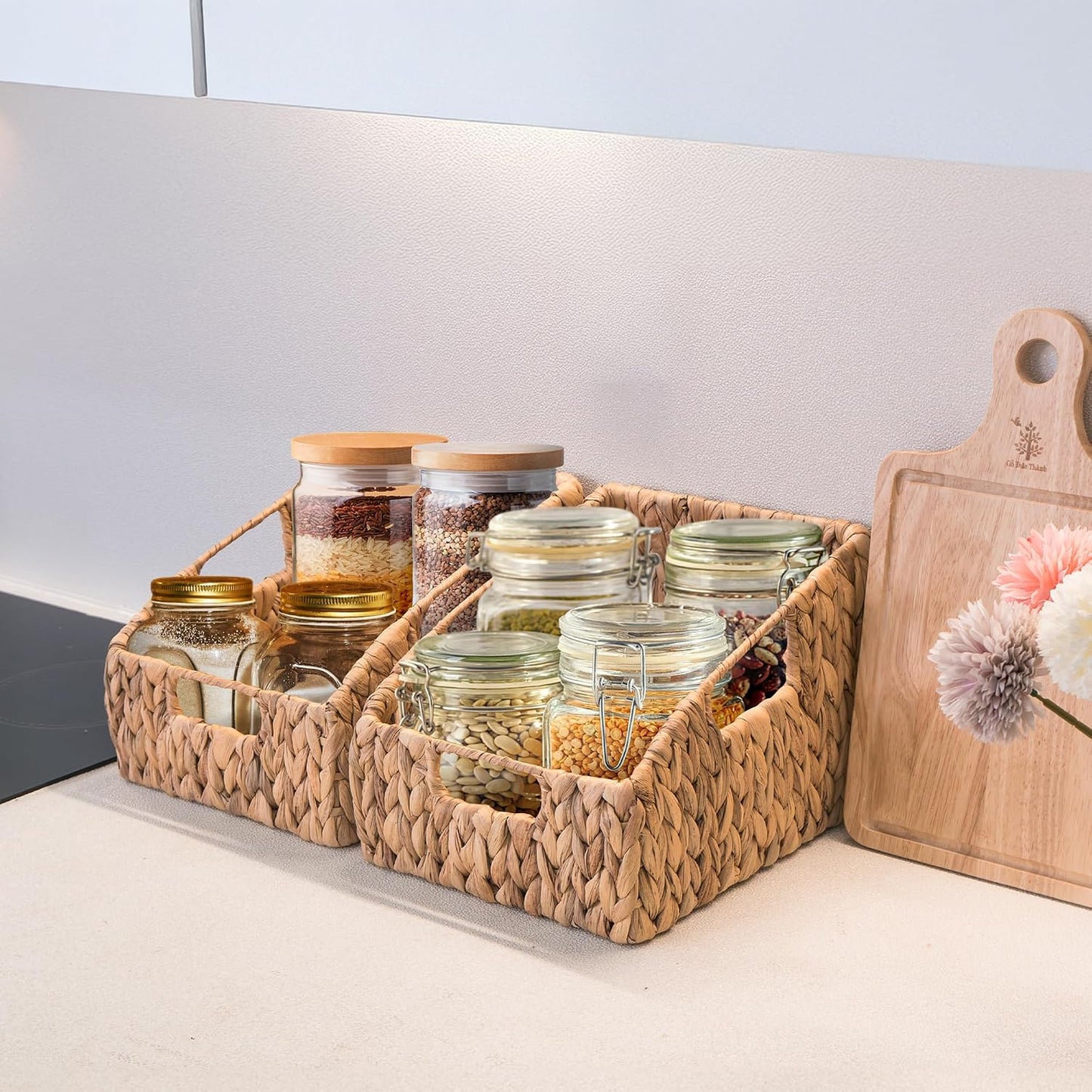 KOKODO 2-Pack Open Front Pantry Baskets, Handwoven Water Hyacinth Wicker Storage Baskets with Built-in Handles, Organizing Bins for Shelves