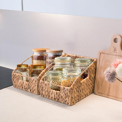 KOKODO 2-Pack Open Front Pantry Baskets, Handwoven Water Hyacinth Wicker Storage Baskets with Built-in Handles, Organizing Bins for Shelves