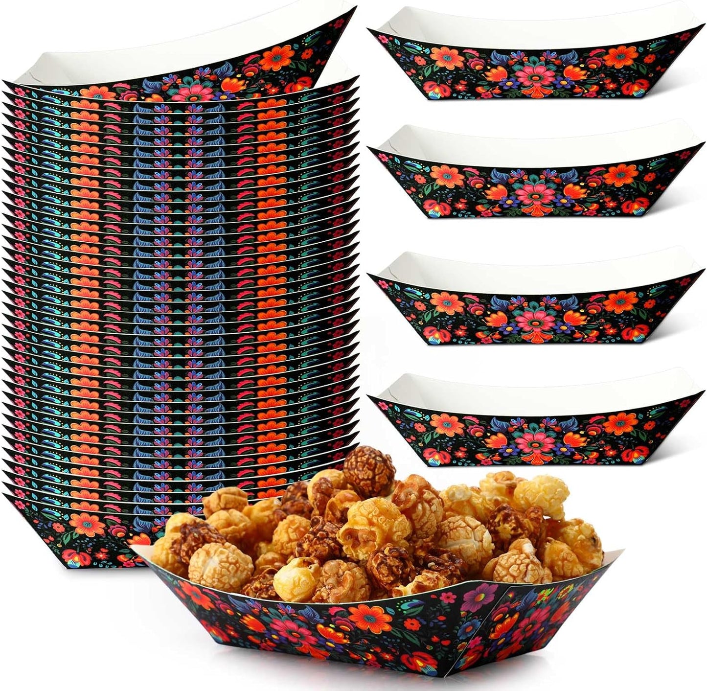 Gejoy 100 Pcs 2 lb Mexican Paper Food Trays Disposable Fiesta Nacho Trays Taco Nights Snack Boats Carnival Food Container Popcorn Holder for Festival Birthday Supplies(Classic)