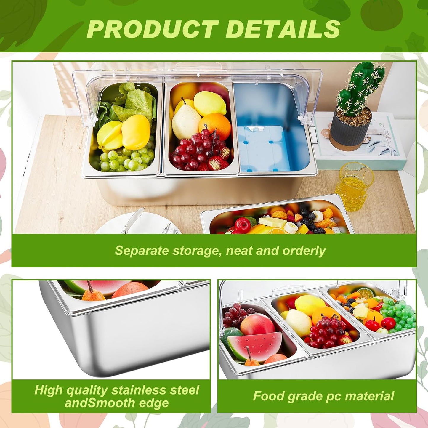 Condiment Tray Stainless Steel Serving Display Set with Lid for Buffet Restaurant Kitchen, Food Chilled Container for Salad Fruit Condiments, Keeps Food Fresh with Ice Box(6 Compartments)