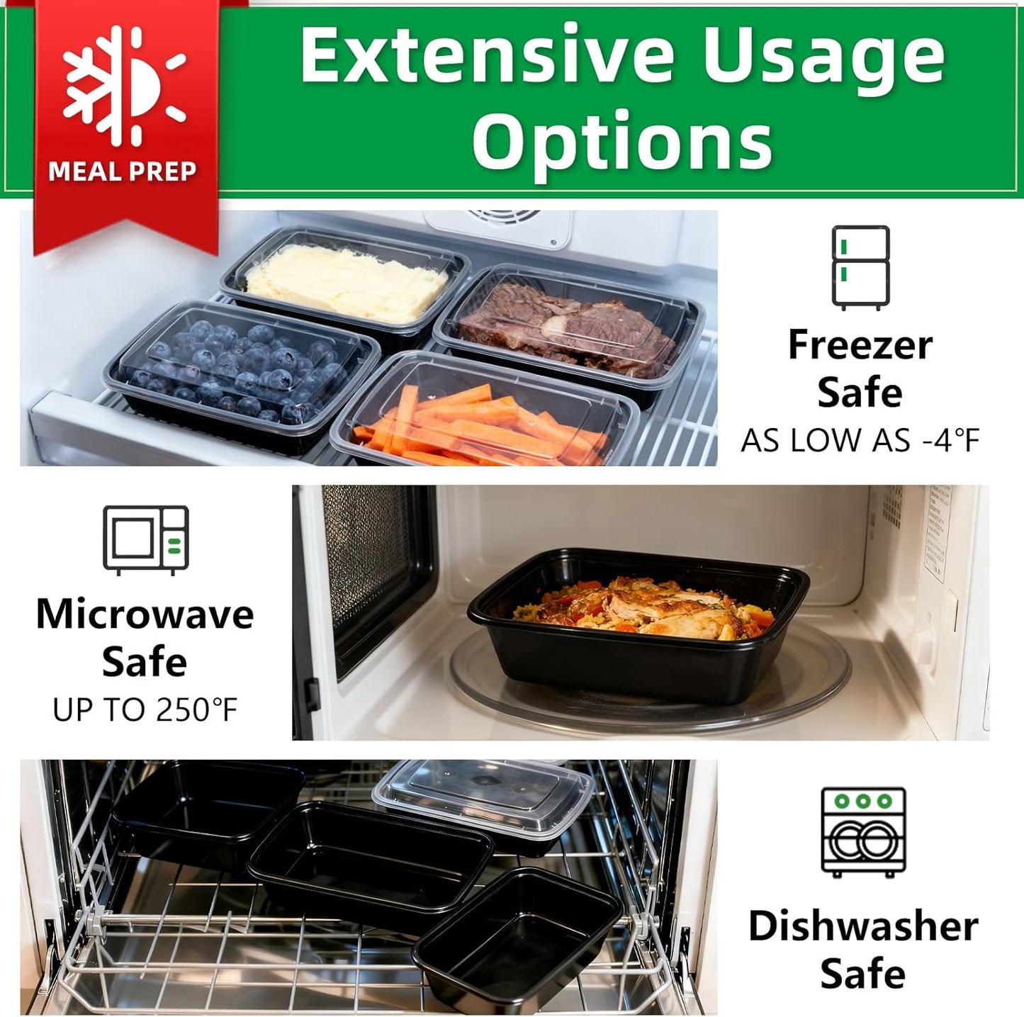 Meal Prep Containers 2 Compartment 15 Pack, 28 oz Divided Reusable Food Storage Containers with Lids Takeout Food Storage Containers Black, Microwave Dishwasher Freezer Safe, Stackable, BPA Free