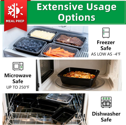 Meal Prep Containers 2 Compartment 15 Pack, 28 oz Divided Reusable Food Storage Containers with Lids Takeout Food Storage Containers Black, Microwave Dishwasher Freezer Safe, Stackable, BPA Free