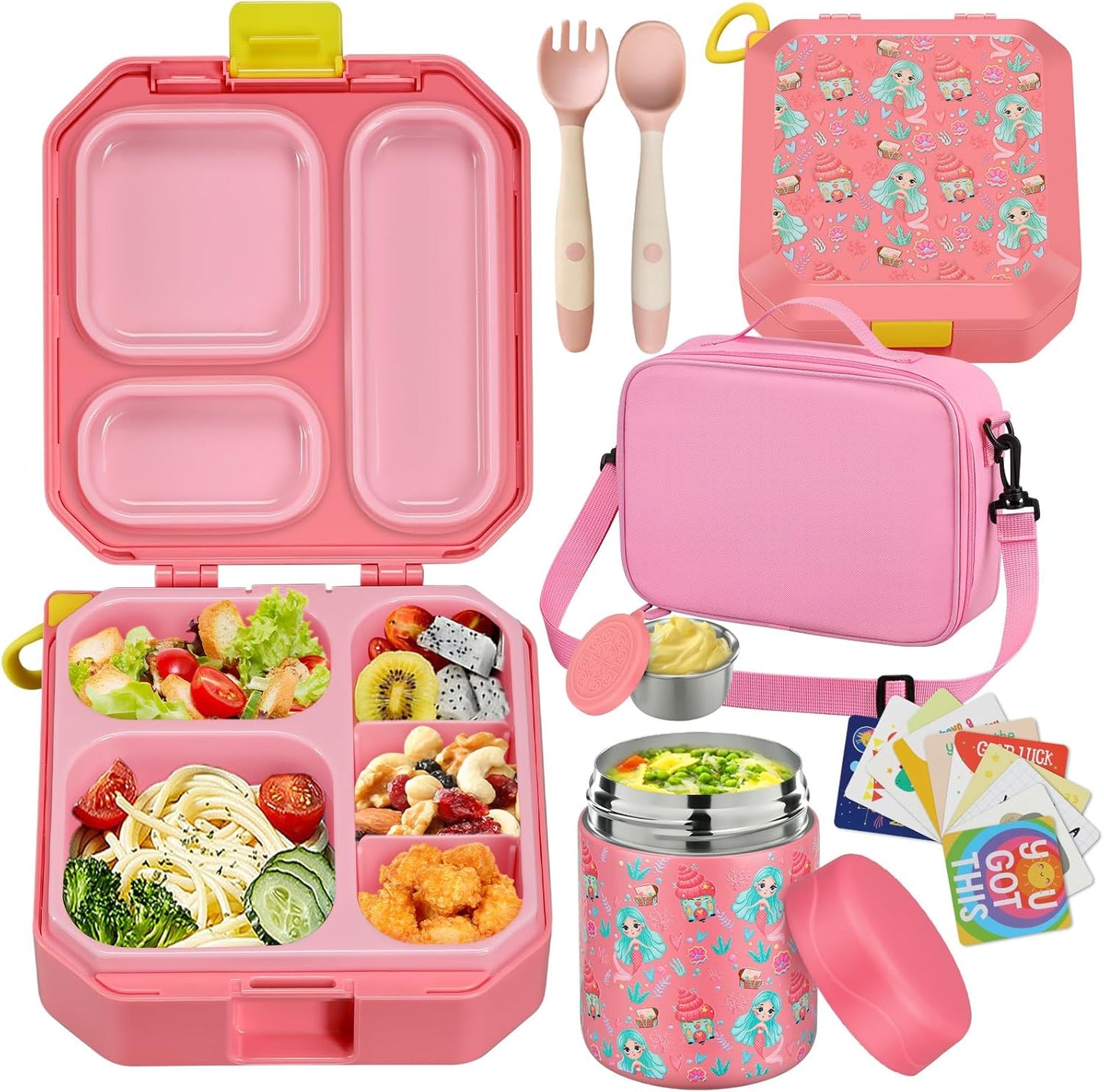 wiwens Bento Lunch Box for Kids with 12oz Soup Thermo Leak-Proof Lunch Food Container with 5 Compartment Thermo Hot Food Jar and Insulated Lunch Bag for Kid Toddler Girls Boys to School