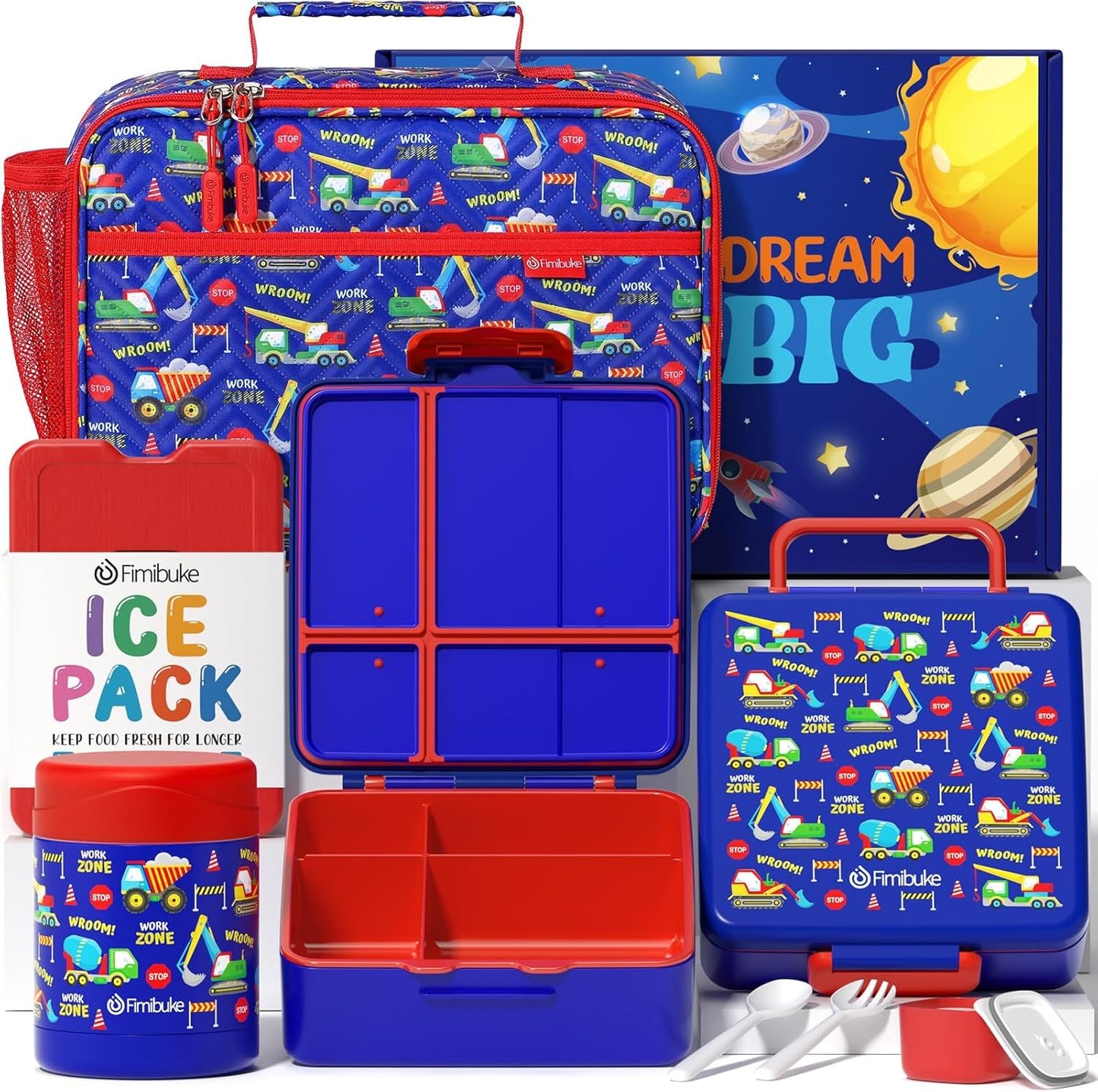 Fimibuke Kids Bento Snack Lunch Box with 4 Compartment, Insulated Lunch Bag, Stainless Steel Vacuum Thermo Food Jar, Ice Pack, Utensils Set, Birthday Gifts for Age 3-12 Back to School Toddler Girl Boy