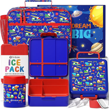 Fimibuke Kids Bento Snack Lunch Box with 4 Compartment, Insulated Lunch Bag, Stainless Steel Vacuum Thermo Food Jar, Ice Pack, Utensils Set, Birthday Gifts for Age 3-12 Back to School Toddler Girl Boy